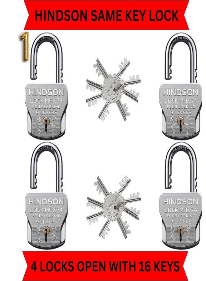 HINDSON 16 Same Keys MAX 74mm 4 Locking System | 9 Lever Mechanism | Chrome Finish Heavy Duty Big Size 610g Approx | 4 Locks with 16 Same Keys for Gate, Shutter & Home Use - Image 3