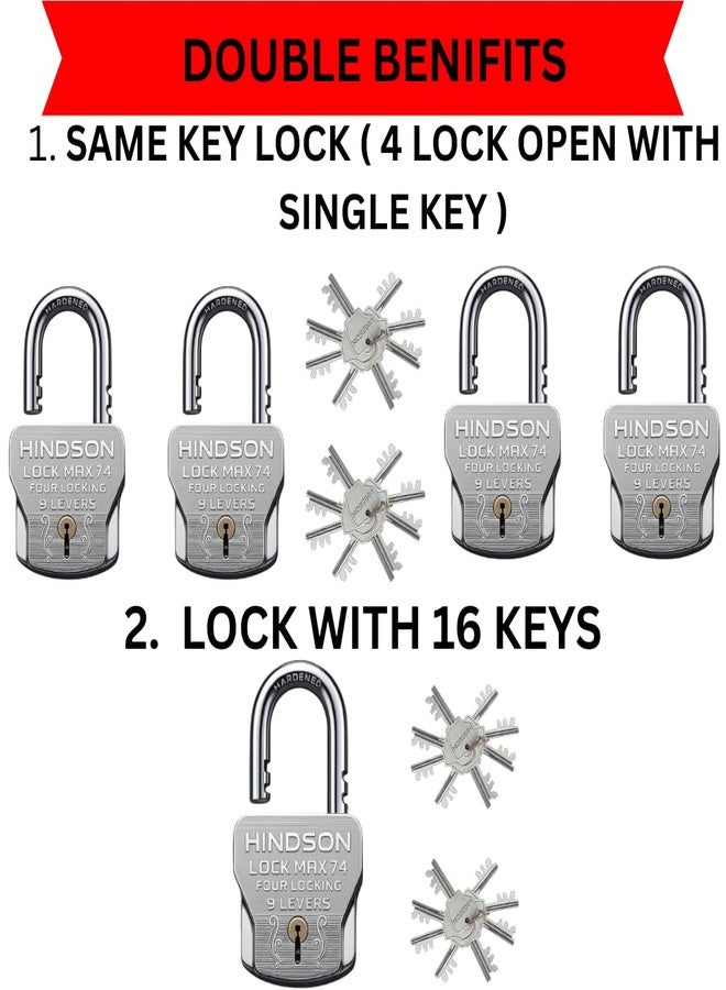 HINDSON 16 Same Keys MAX 74mm 4 Locking System | 9 Lever Mechanism | Chrome Finish Heavy Duty Big Size 610g Approx | 4 Locks with 16 Same Keys for Gate, Shutter & Home Use - Image 2