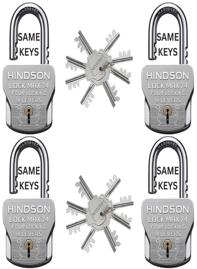 HINDSON 16 Same Keys MAX 74mm 4 Locking System | 9 Lever Mechanism | Chrome Finish Heavy Duty Big Size 610g Approx | 4 Locks with 16 Same Keys for Gate, Shutter & Home Use - Image 1