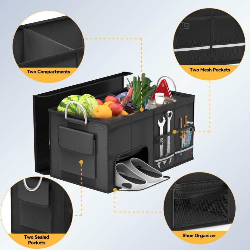 CLESOO Car Trunk Organizer for SUV 50L Car Caddy Golf Trunk Organizer with Lid Collapsible Truck Storage Bin Large Compartment Car Grocery Organizer with 4 Pockets Handle Shoe Organizer Cargo Van Jeep Sedan - Image 3