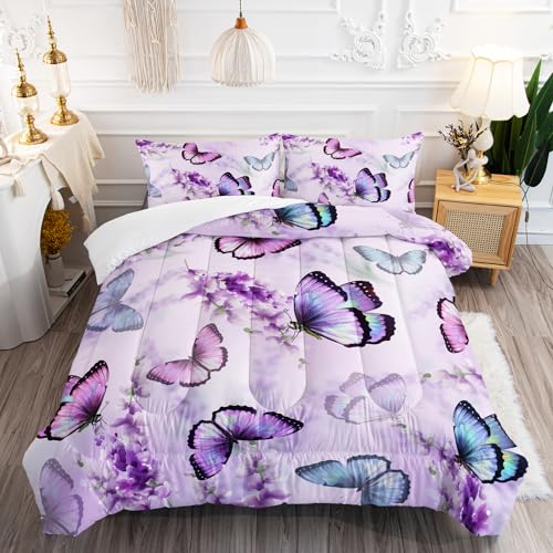 XYNHML Lavender Butterfly Comforter Set for Girl Kid Adult Colorful Butterfly Pattern Bedding Set Aesthetics Butterflies Quilt Bed Set Full Size with 1 Comforter and 2 Pillowcases - Image 4