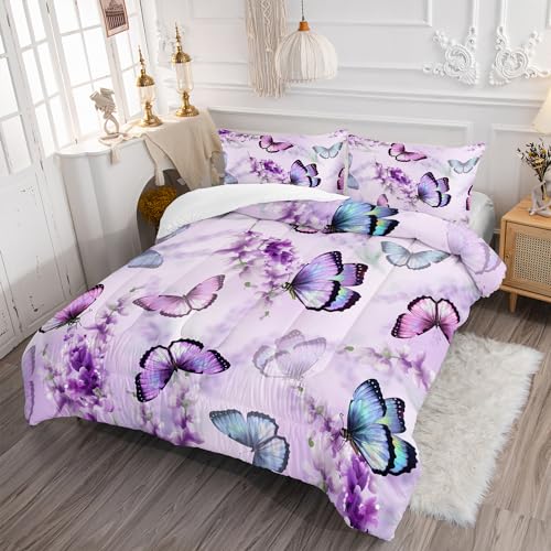 XYNHML Lavender Butterfly Comforter Set for Girl Kid Adult Colorful Butterfly Pattern Bedding Set Aesthetics Butterflies Quilt Bed Set Full Size with 1 Comforter and 2 Pillowcases - Image 5