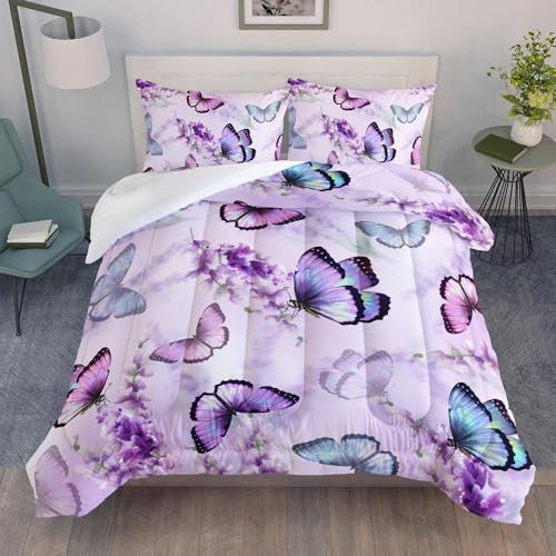 XYNHML Lavender Butterfly Comforter Set for Girl Kid Adult Colorful Butterfly Pattern Bedding Set Aesthetics Butterflies Quilt Bed Set Full Size with 1 Comforter and 2 Pillowcases - Image 3