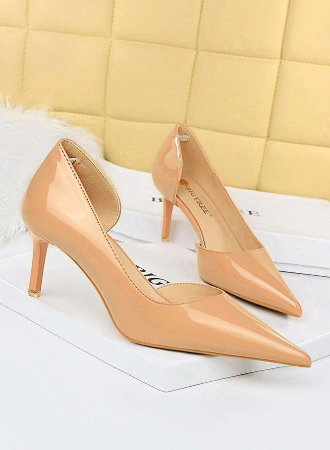 Women's Side Hollow Stiletto Pumps 7.5 cm Elegant Gorgeous Closed Pointed Toe Slip On Solid High Heels Beige