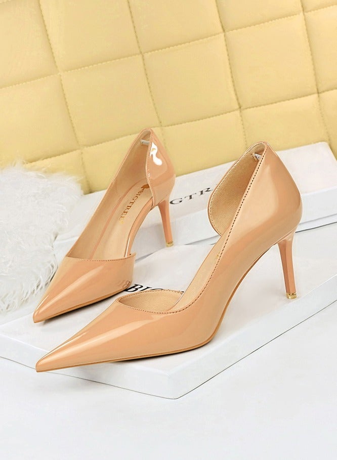 Women's Side Hollow Stiletto Pumps 7.5 cm Elegant Gorgeous Closed Pointed Toe Slip On Solid High Heels Beige