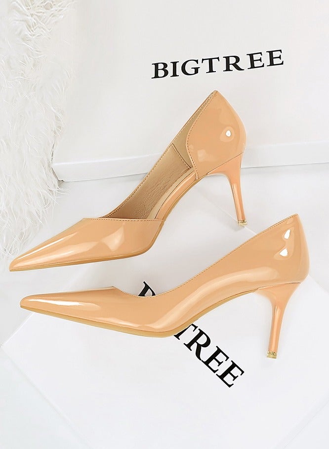 Women's Side Hollow Stiletto Pumps 7.5 cm Elegant Gorgeous Closed Pointed Toe Slip On Solid High Heels Beige