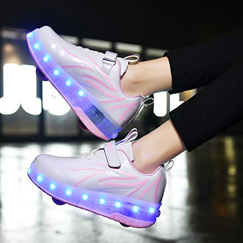 HHSTS Kids Shoes with Wheels LED Light Color Shoes Shiny Roller Skates Skate Shoes Simple Kids Gifts Boys Girls The Best Gift for Party Birthday Christmas Day(3 Little Kid,White Pink) - Image 5