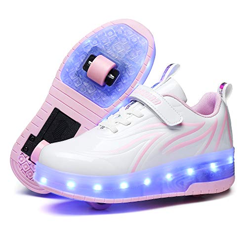 HHSTS Kids Shoes with Wheels LED Light Color Shoes Shiny Roller Skates Skate Shoes Simple Kids Gifts Boys Girls The Best Gift for Party Birthday Christmas Day(3 Little Kid,White Pink) - Image 1