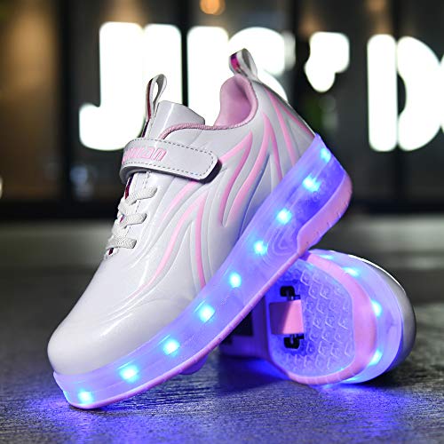 HHSTS Kids Shoes with Wheels LED Light Color Shoes Shiny Roller Skates Skate Shoes Simple Kids Gifts Boys Girls The Best Gift for Party Birthday Christmas Day(3 Little Kid,White Pink) - Image 3