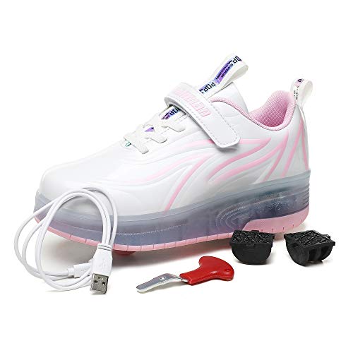 HHSTS Kids Shoes with Wheels LED Light Color Shoes Shiny Roller Skates Skate Shoes Simple Kids Gifts Boys Girls The Best Gift for Party Birthday Christmas Day(3 Little Kid,White Pink) - Image 2