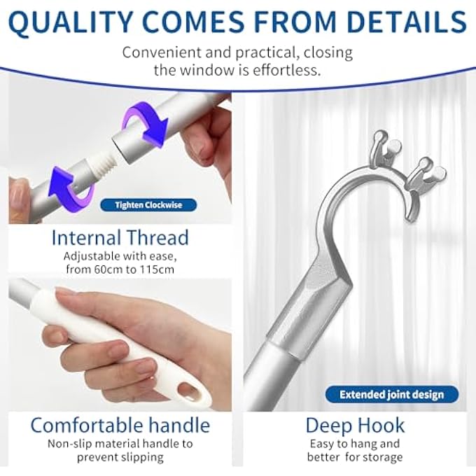 Roof Window Rod For Opening, Window Handle Extension, Window Opener Pole With Stick Hooks For Roof Window Opening, Rod With Hooks, 4-Piece Aluminium Pole 110 Cm, Practical Non-Slip (Silver) - Image 3
