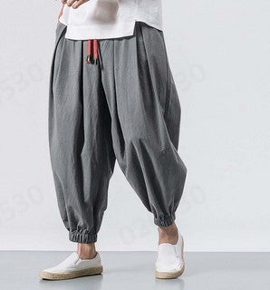 Summer New Mens Linen Lantern Pants Loose Cotton and Linen Jogger Pants Plus Size Trendy Wide-Leg Pants Harem Slim Pants Grey - Image 1
