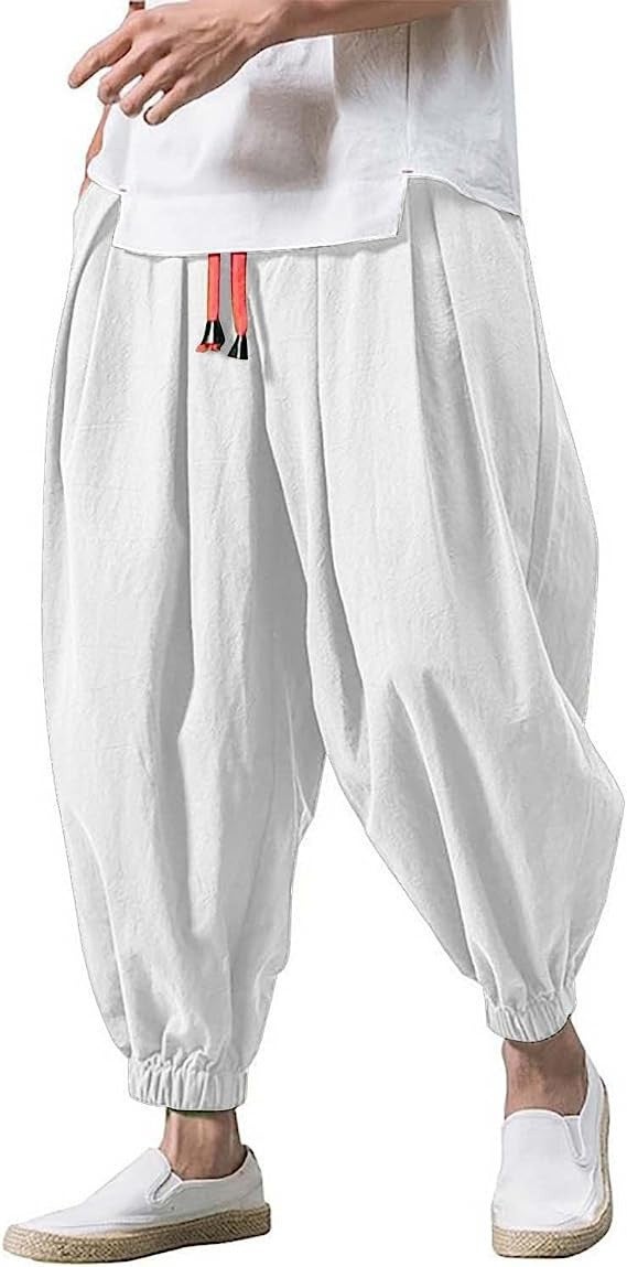 Summer New Mens Linen Lantern Pants Loose Cotton and Linen Jogger Pants Plus Size Trendy Wide-Leg Pants Harem Slim Pants Grey - Image 3