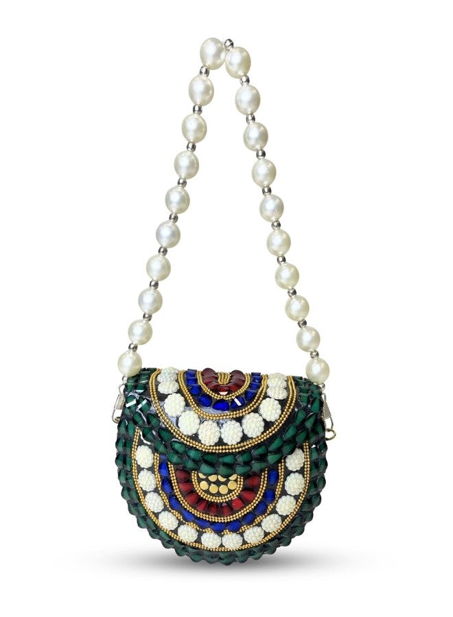 Anekaant Metal Mirage Green Concentric Motif Embellished Clutch For Ladies | Party & Wedding Handbag - Image 1