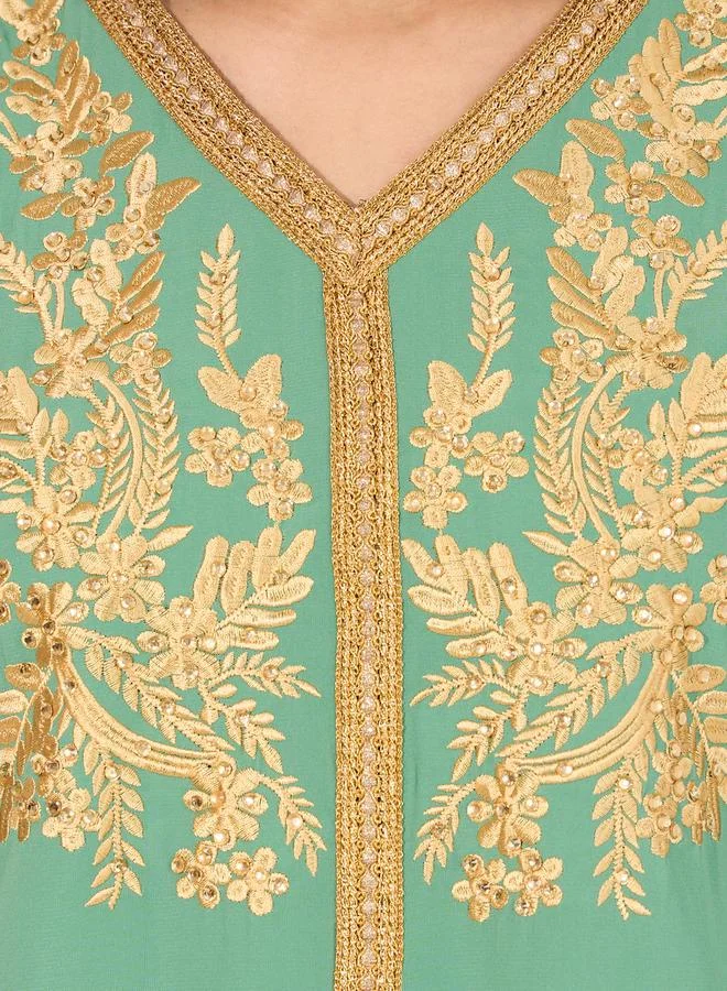 Styli Printed Balloon Sleeve Embroidered V-Neck Jalabiya