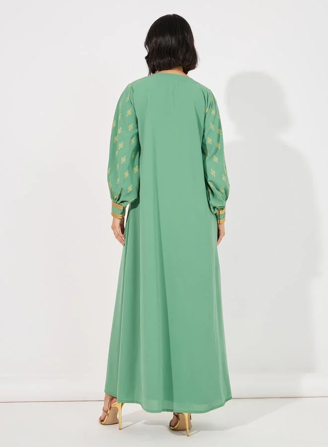 Styli Printed Balloon Sleeve Embroidered V-Neck Jalabiya