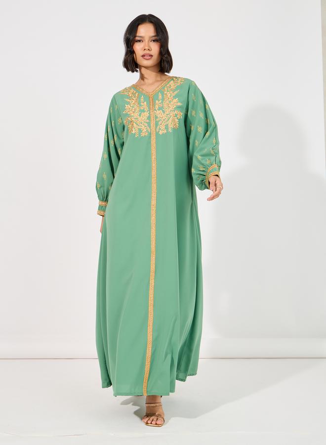 ستايلي جلابية مطرزة بياقة على شكل حرف  وأكمام بالون مطبوعة - Image 4