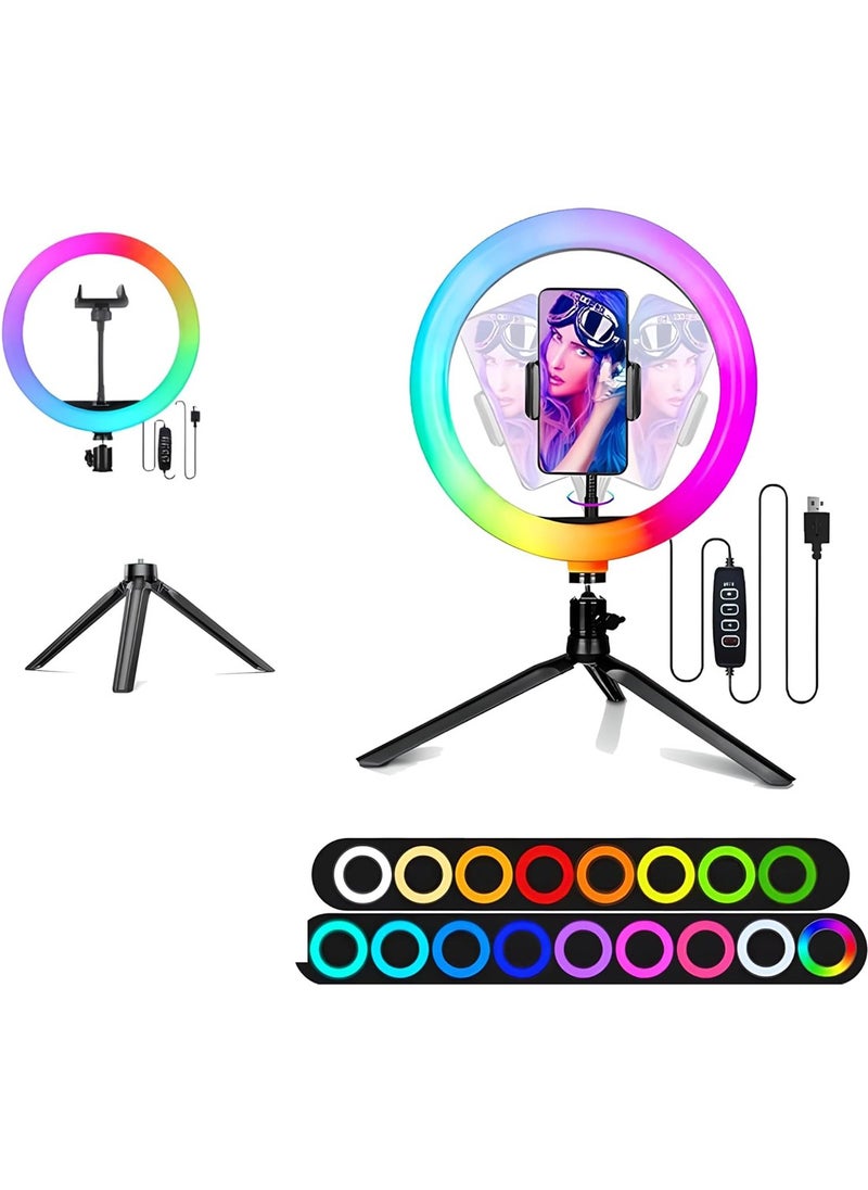 Aurrako 10" Photography Lights Selfie Ring Light with 19cm Desktop Tripod Stand & 1 Phone Holder, LED Ringlight with 2500K-8500K+0-360 Full Color Modes(RGB) for Makeup/Photography/Videos/Vlog/TikTok  - Image 1