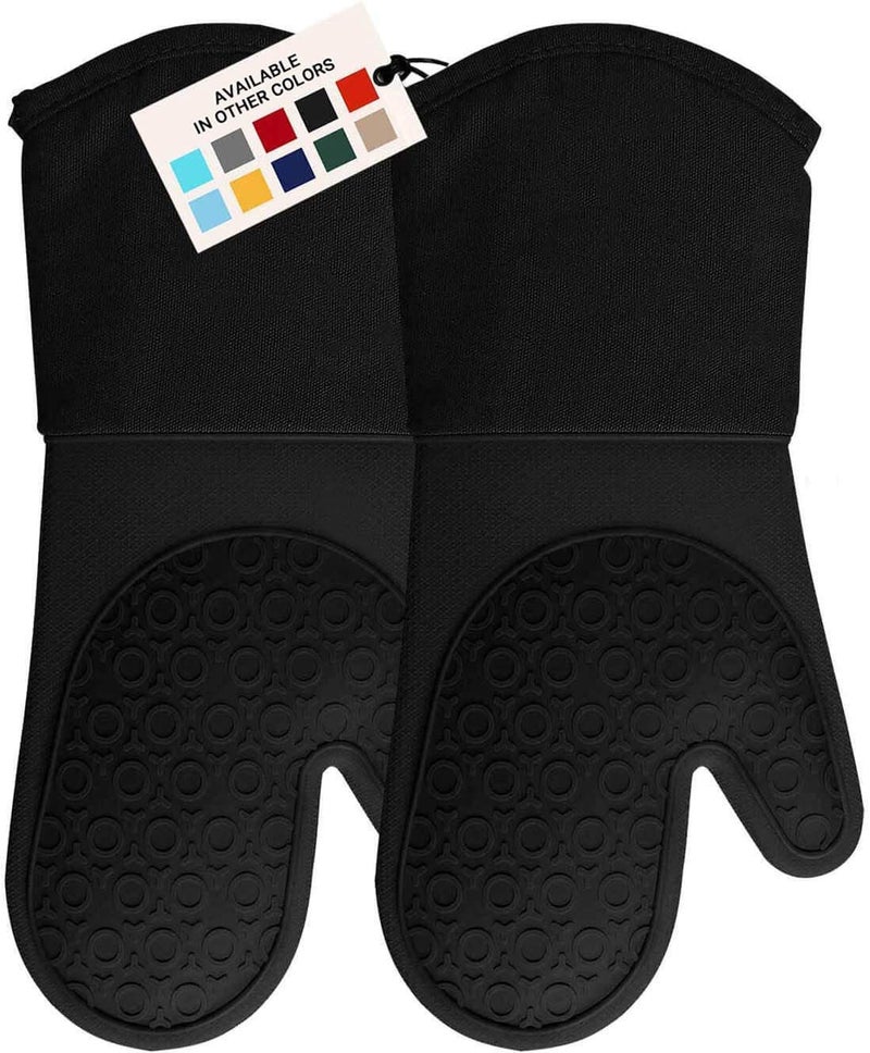 HOMWE Extra Long Professional Silicone Oven Mitt  Oven Mitts with Quilted Liner  Heat Resistant Pot Holders  Flexible Oven Gloves  1 Pair (Black  13.7 inch) - Image 1