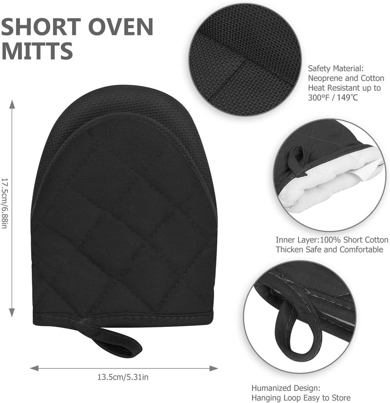 Qulable 1 Pair Short Oven Mitts - Silicone Kitchen Oven Gloves High Heat Resistant 500℉, Mini Oven Mits with Non-Slip Grip Surfaces and Hanging Loop for BBQ, Baking, Cooking and Grilling (Black) - Image 3