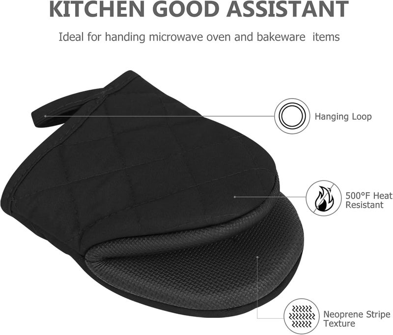 Qulable 1 Pair Short Oven Mitts - Silicone Kitchen Oven Gloves High Heat Resistant 500℉, Mini Oven Mits with Non-Slip Grip Surfaces and Hanging Loop for BBQ, Baking, Cooking and Grilling (Black) - Image 4