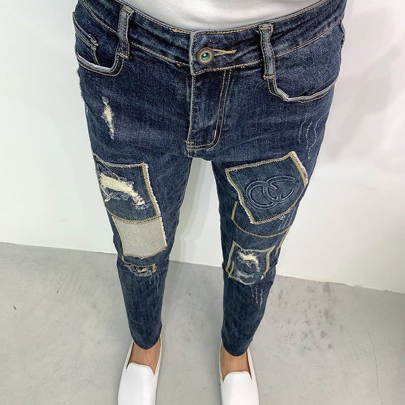 Autumn Trendy Ripped Patch Jeans Slim Fit Men Blue C02 Sticker Jeans 