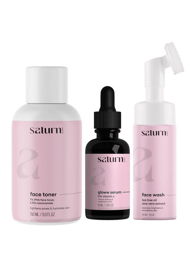 Saturn by GHC Gloww Skin Serum (30 Ml) Face Toner (150 Ml) & Foaming Face Wash With Builtin Face Brush (120 Ml) Powered With Retinol Pha & Aloe Vera For Pore Tightens & Acneprone Skin Tone (Combo Pack Of 3) - Image 1