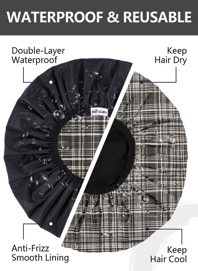 Years calm Men Shower Cap Reusable Waterproof, Dual-Layer Design, Double-Sided Use,Protects Hair in Shower, Spa, Travel & Cooking, Adjustable Elastic for Comfortable Fit (Black Plaid, One Size) - Image 2