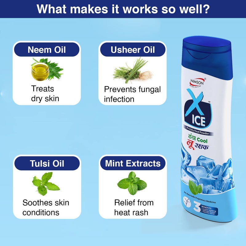 Nimson XICE Talc  Thanda Cool Loo Rakshak  Prickly Heat Relief Talcum Powder  Cooling  Refreshing Body Powder for Sweat  Odor Control 100g Each Pack of 6 - Image 3