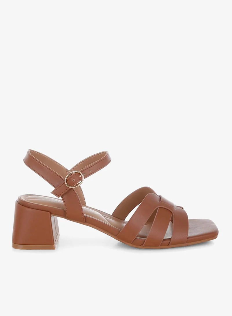 Strappy Square Toe Block Heels in Camel