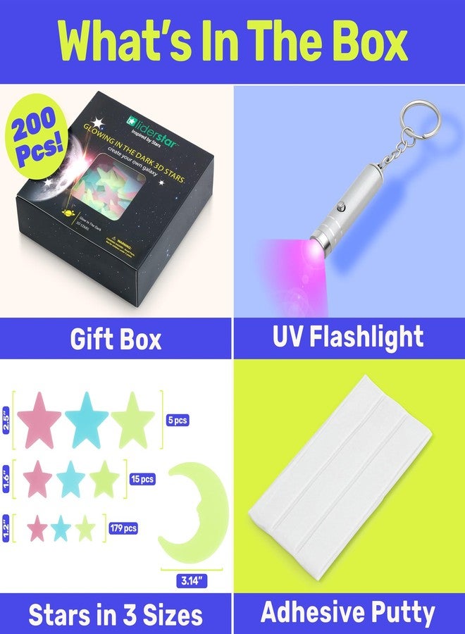 LIDERSTAR Glow in The Dark Stars for Ceiling, Luminous Stars and Moon Stickers, Kids Wall Decor, Sticky Fluorescence Stars, Include Flashlight, Colourful Ceiling Stars for Kids Room - Image 2