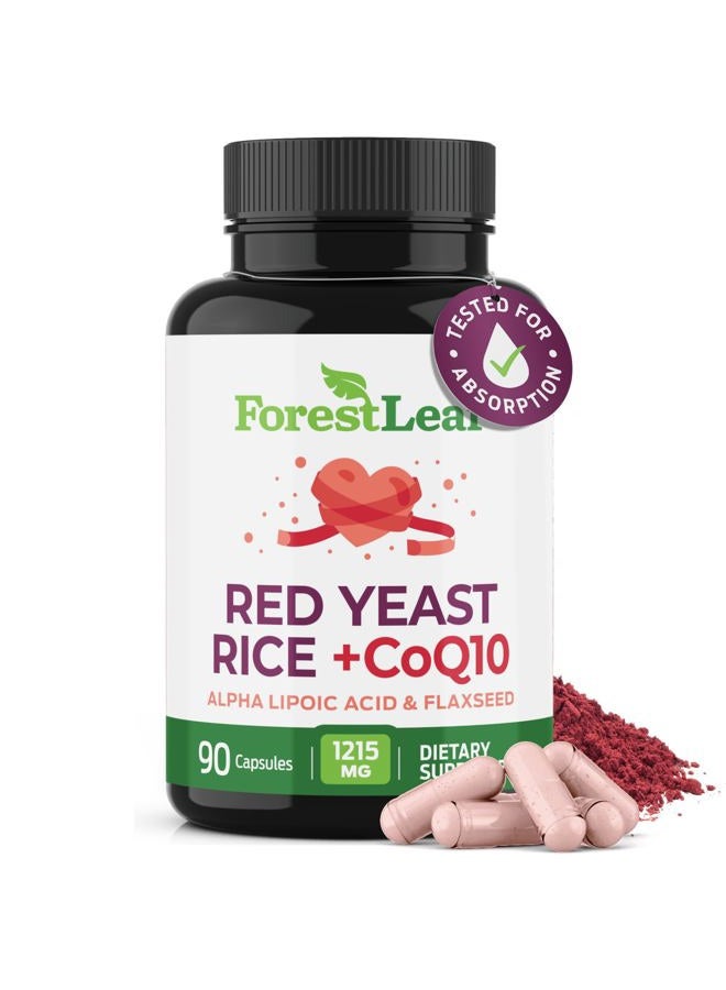 ForestLeaf Red Yeast Rice 1200 mg. Capsules - Extra Strength Red Rice Yeast with CoQ10 Supplement, Plus Alpha Lipoic Acid & Organic Flaxseed, Citrinin Free, Supports Cardiovascular Health, Non-GMO 90 Veggie Caps - Image 1