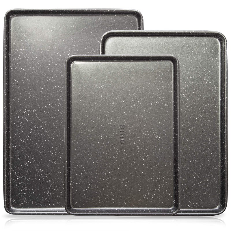 BINO Bakeware Nonstick Cookie Sheet Baking Tray Set 3Piece Speckled Gunmetal NonStick Baking Pans Set Carbon Steel Tray Bakeware Sets Oven Safe Baking Set Cookie Sheet Pans FoodSafe Tray