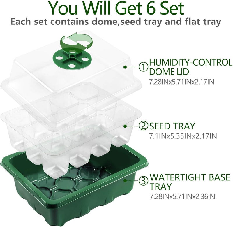 Hdeoops Seed Starter Tray, 6 Set Seedling Kits with Adjustable Humidity Dome, Plant Starter Kit for Seeds Growing Starting (12 Cells per Tray) - Image 2