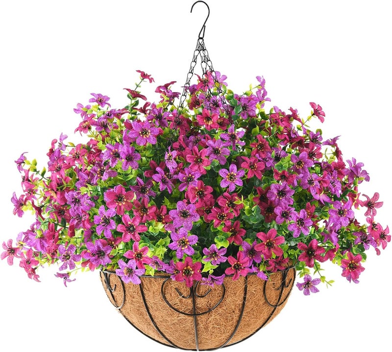 ZFProcess Artificial Flowers Hanging Baskets, 12 Bundles Faux Flowers Outdoor Hanging Basket Spring Summer Decoration, Fake Hanging Flowers Plants for Porch Patio Balcony Home Yard Decor(Light Purple Red) - Image 1