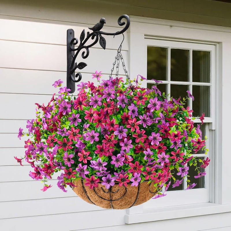 ZFProcess Artificial Flowers Hanging Baskets, 12 Bundles Faux Flowers Outdoor Hanging Basket Spring Summer Decoration, Fake Hanging Flowers Plants for Porch Patio Balcony Home Yard Decor(Light Purple Red) - Image 2