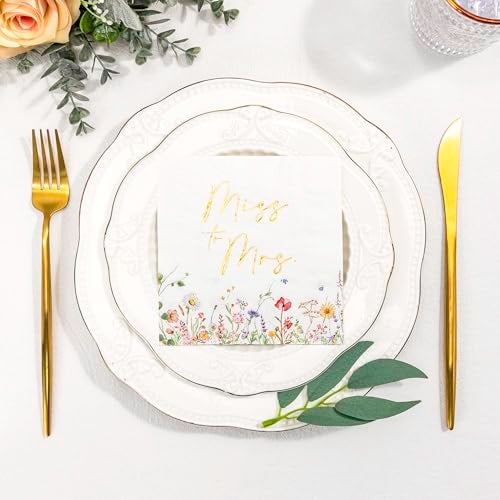 Crisky Floral Bridal Shower Napkins - Gold Foil Miss to Mrs Paper Disposable Napkins for Engagement/Bridal Shower/Wedding/Bachelorette Party Decoration, 3-Ply, 50 Counts - Image 3