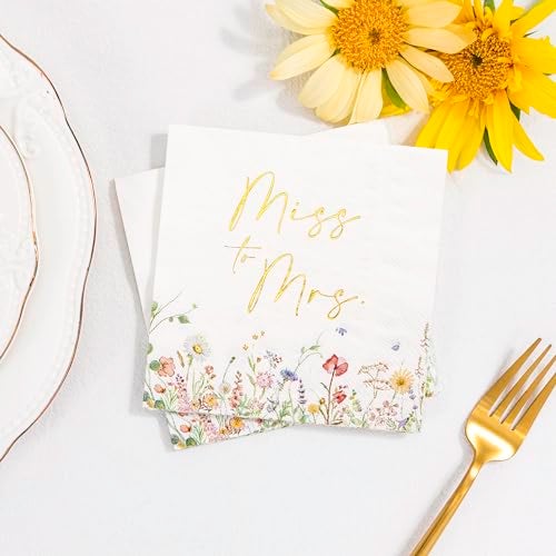 Crisky Floral Bridal Shower Napkins - Gold Foil Miss to Mrs Paper Disposable Napkins for Engagement/Bridal Shower/Wedding/Bachelorette Party Decoration, 3-Ply, 50 Counts - Image 4