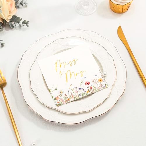 Crisky Floral Bridal Shower Napkins - Gold Foil Miss to Mrs Paper Disposable Napkins for Engagement/Bridal Shower/Wedding/Bachelorette Party Decoration, 3-Ply, 50 Counts - Image 5
