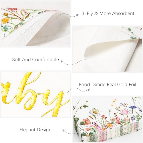Crisky Floral Bridal Shower Napkins - Gold Foil Miss to Mrs Paper Disposable Napkins for Engagement/Bridal Shower/Wedding/Bachelorette Party Decoration, 3-Ply, 50 Counts - Image 2