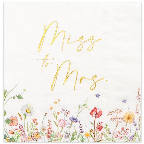Crisky Floral Bridal Shower Napkins - Gold Foil Miss to Mrs Paper Disposable Napkins for Engagement/Bridal Shower/Wedding/Bachelorette Party Decoration, 3-Ply, 50 Counts - Image 1