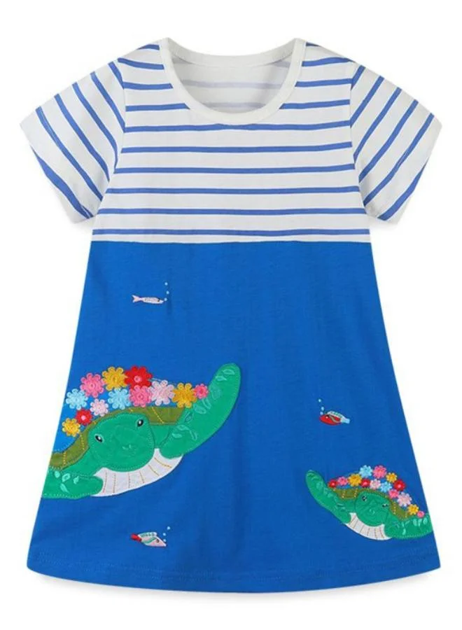 يونيكي Blue A-Line Crew Neck Striped Dress