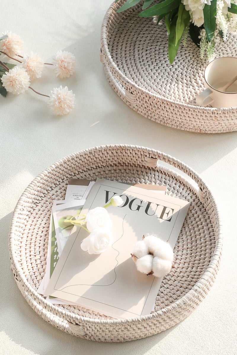 HITOMEN 11.8" Hand-Woven Round Rattan Serving Tray Decorative Wicker Trays with Handles for Coffee Table (Whitewash-M) - Image 2