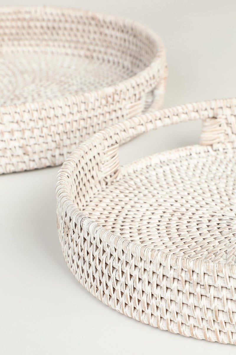HITOMEN 11.8" Hand-Woven Round Rattan Serving Tray Decorative Wicker Trays with Handles for Coffee Table (Whitewash-M) - Image 5