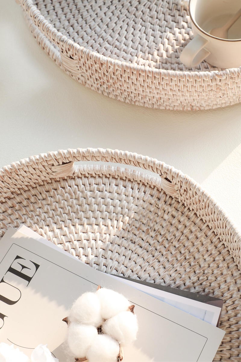 HITOMEN 11.8" Hand-Woven Round Rattan Serving Tray Decorative Wicker Trays with Handles for Coffee Table (Whitewash-M) - Image 3
