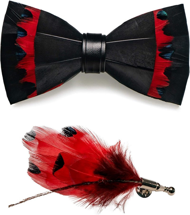 RBOCOTT Handmade Feather Pre-tied Bow tie and Brooch Sets for Men - Image 1