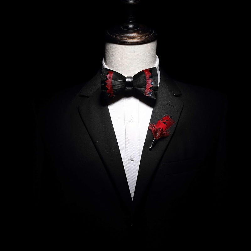 RBOCOTT Handmade Feather Pre-tied Bow tie and Brooch Sets for Men - Image 2