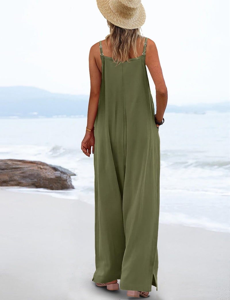 YESNO Women's Summer Boho Cotton Casual Jumpsuits Wide Leg Overalls Floral Print Baggy Rompers with Pockets S PZZCR Solid Army Green - Image 3