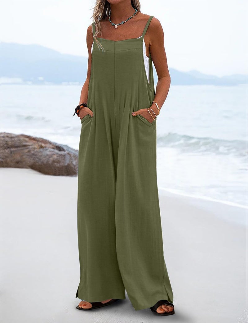 YESNO Women's Summer Boho Cotton Casual Jumpsuits Wide Leg Overalls Floral Print Baggy Rompers with Pockets S PZZCR Solid Army Green - Image 2