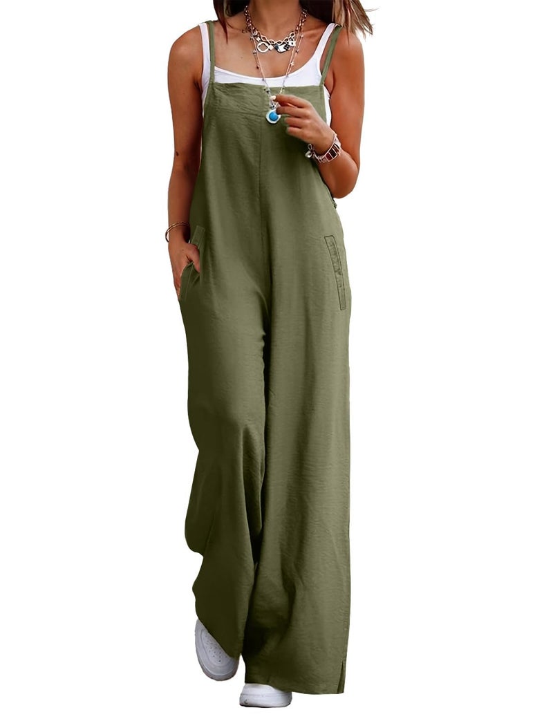 YESNO Women's Summer Boho Cotton Casual Jumpsuits Wide Leg Overalls Floral Print Baggy Rompers with Pockets S PZZCR Solid Army Green - Image 1